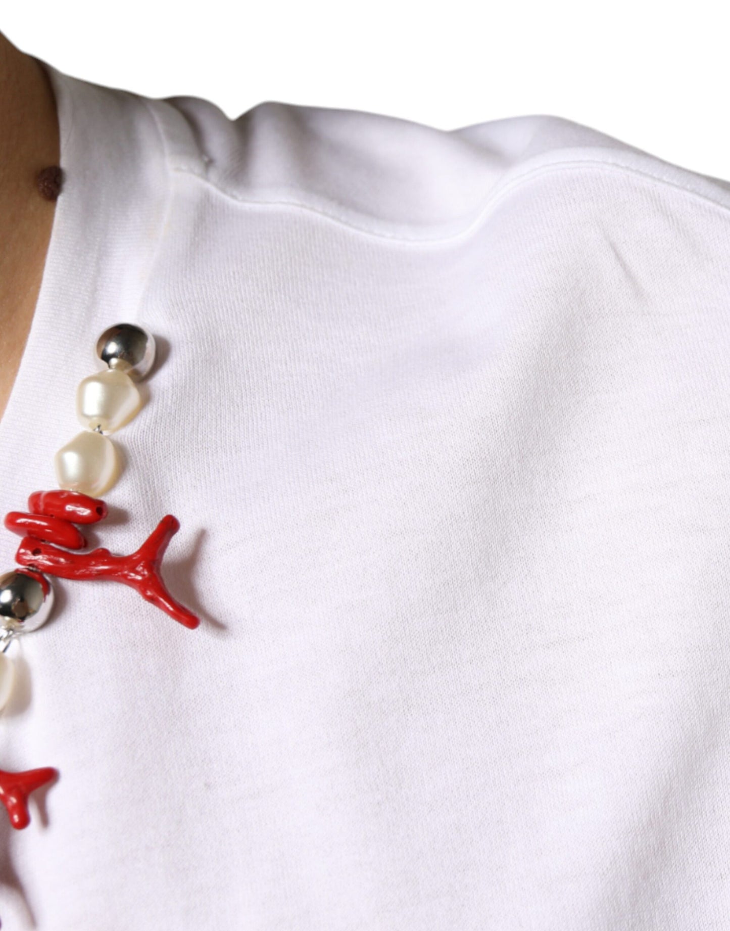 White Cotton Necklace Embellished T-shirt