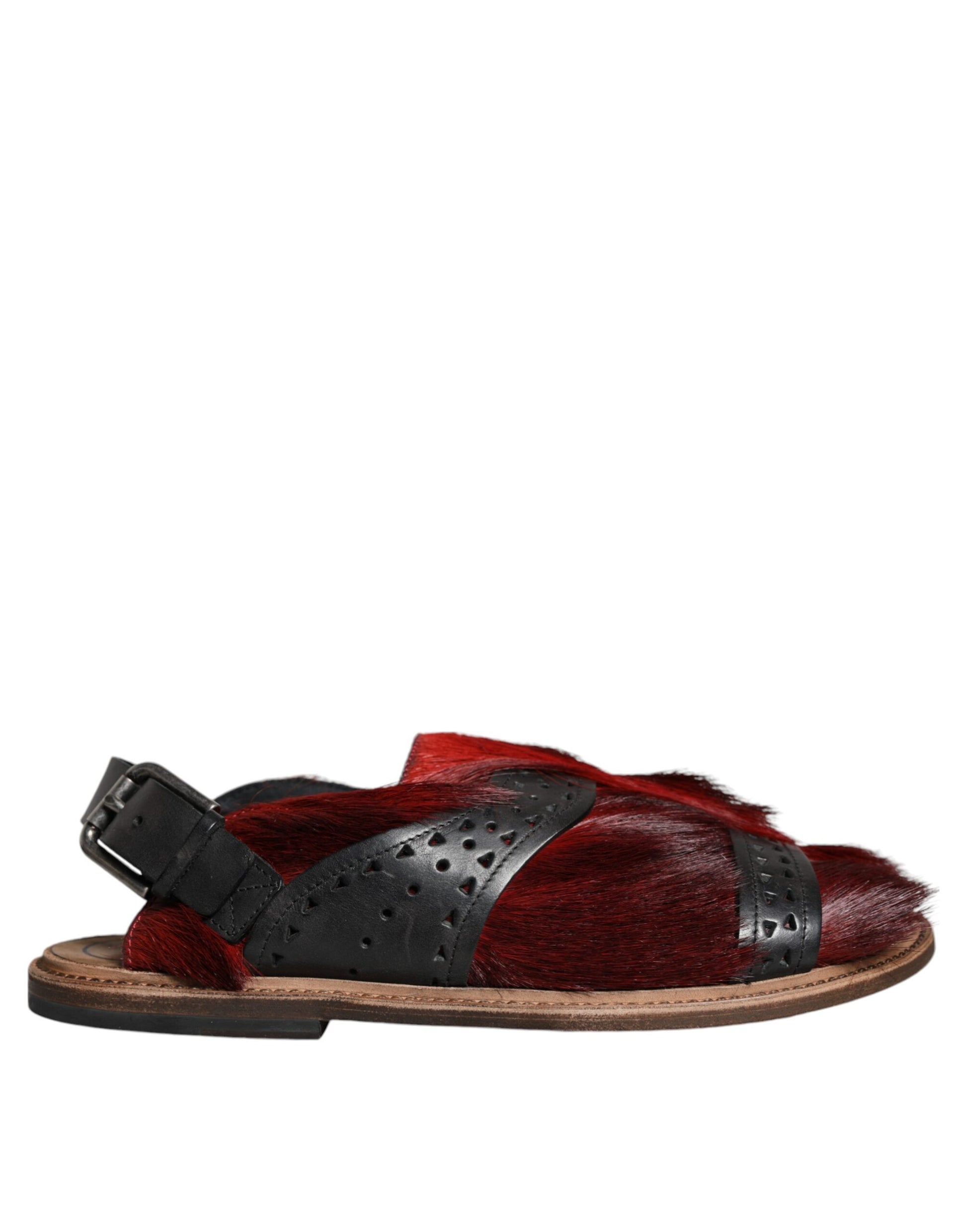 Sandalias de piel con pelo de gacela negra y roja