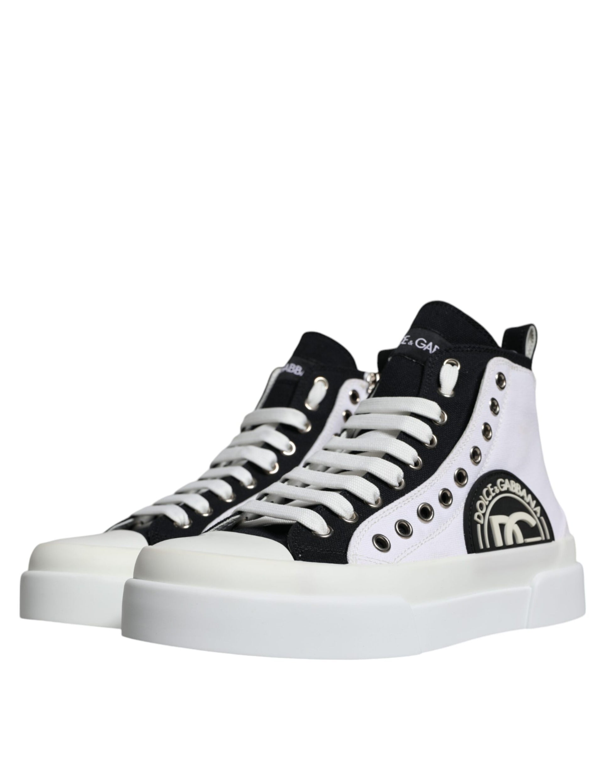 White Black Cotton Logo High Top Sneaker Shoes