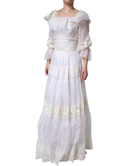 White Floral Lace Corset Cotton Maxi Dress