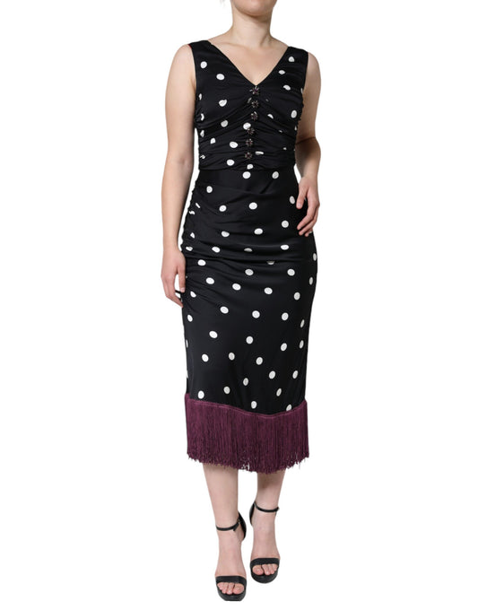 Black Silk Polka Dot Vneck Tassel Midi Dress