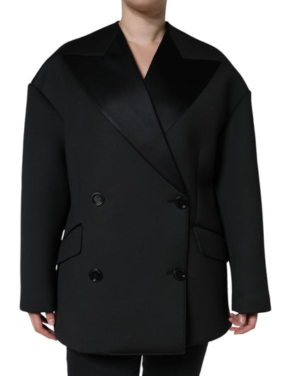 Black Polyester Double Breasted Coat Jacket