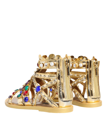 Sandalias de gladiador de cuero dorado con cristales y zapatos planos