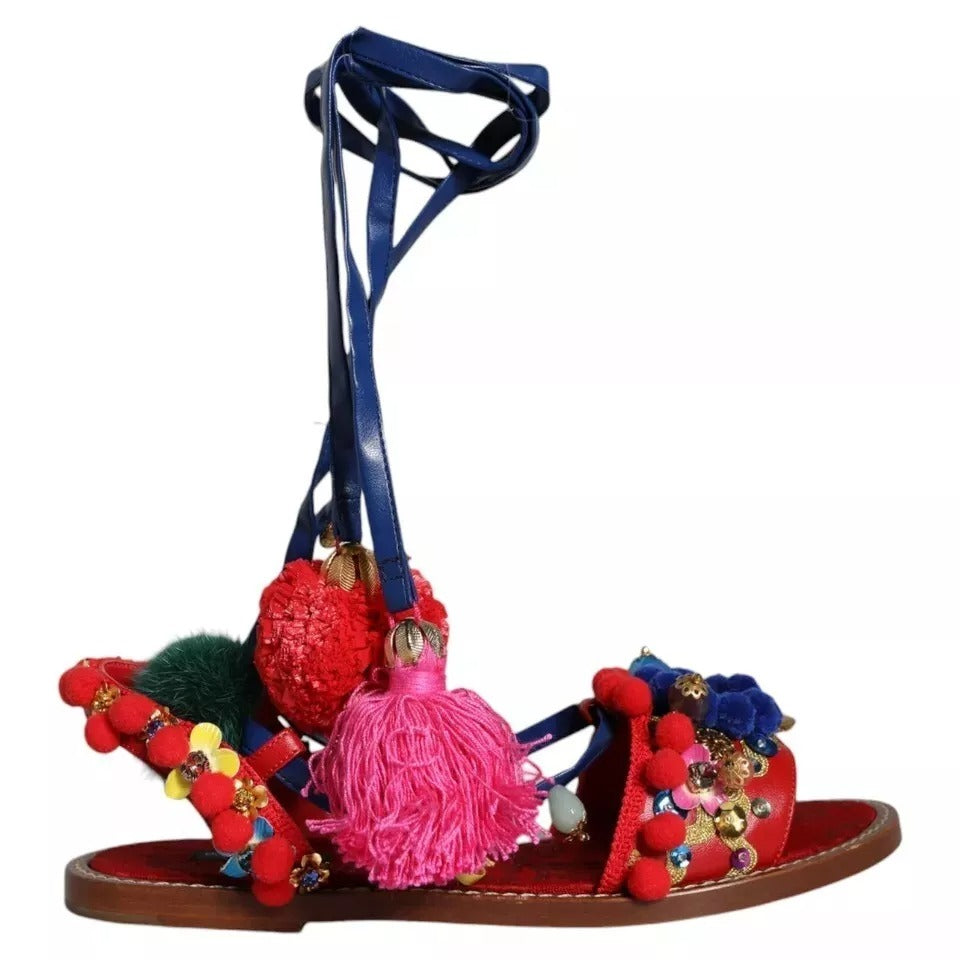 Sandalias con pompones de piel multicolor