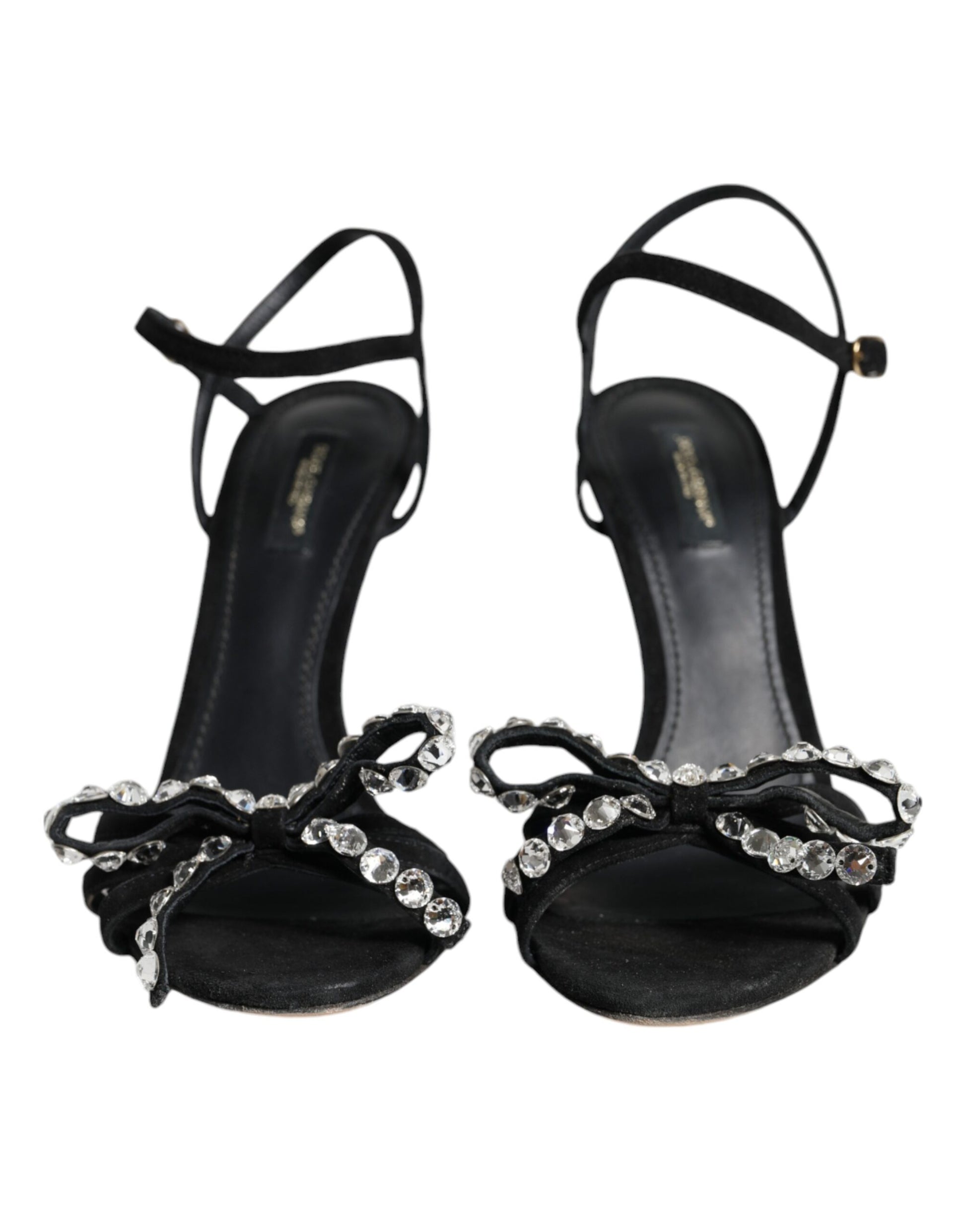 Black Leather Crystal Bow Heels Sandals Shoes