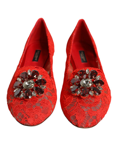 Red Lace Crystal Ballet Flats Loafers Shoes