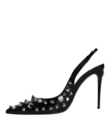 Black Leather Crystal Stud Slingback Shoes