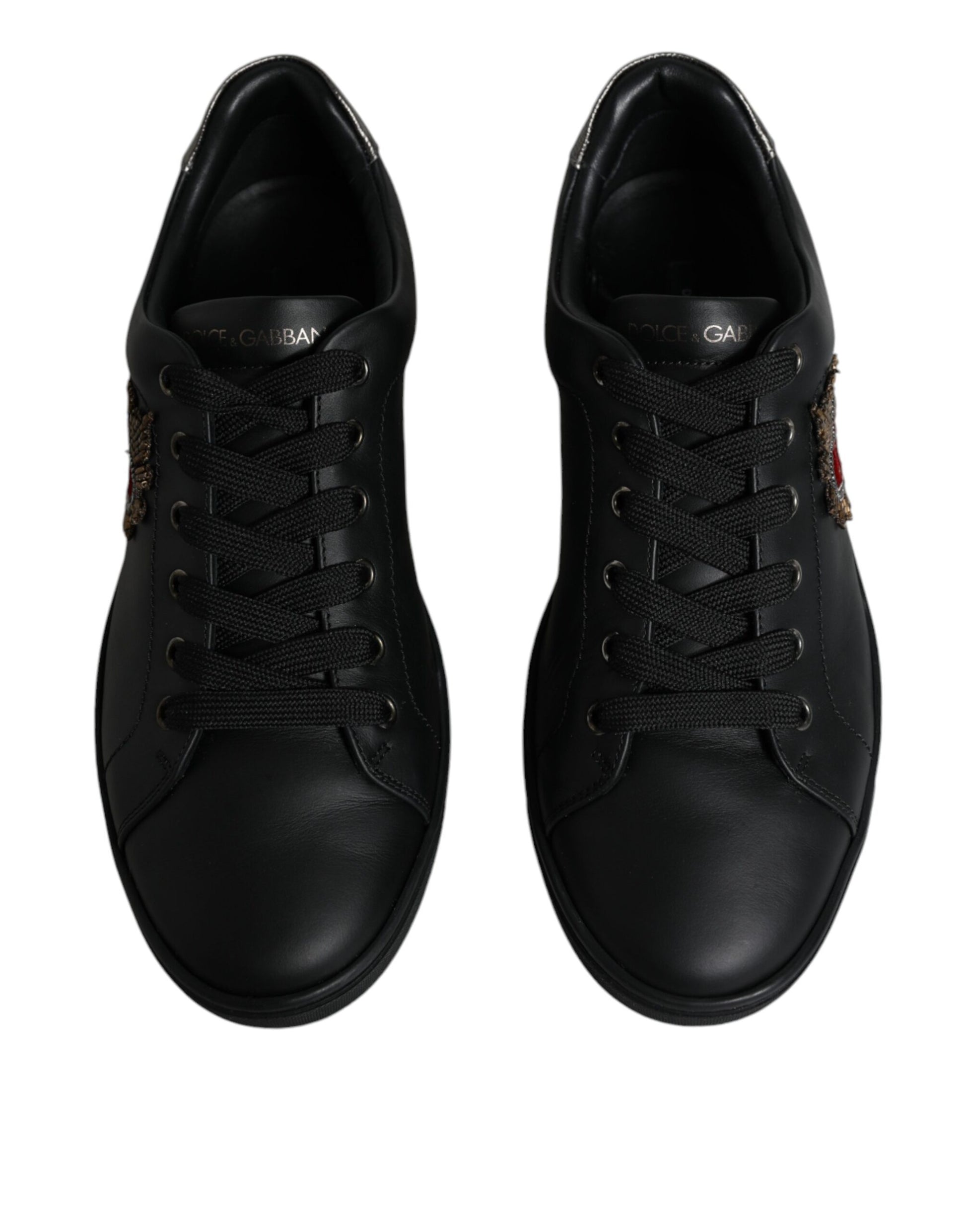 Black Leather Heart Embellished Sneakers Shoes