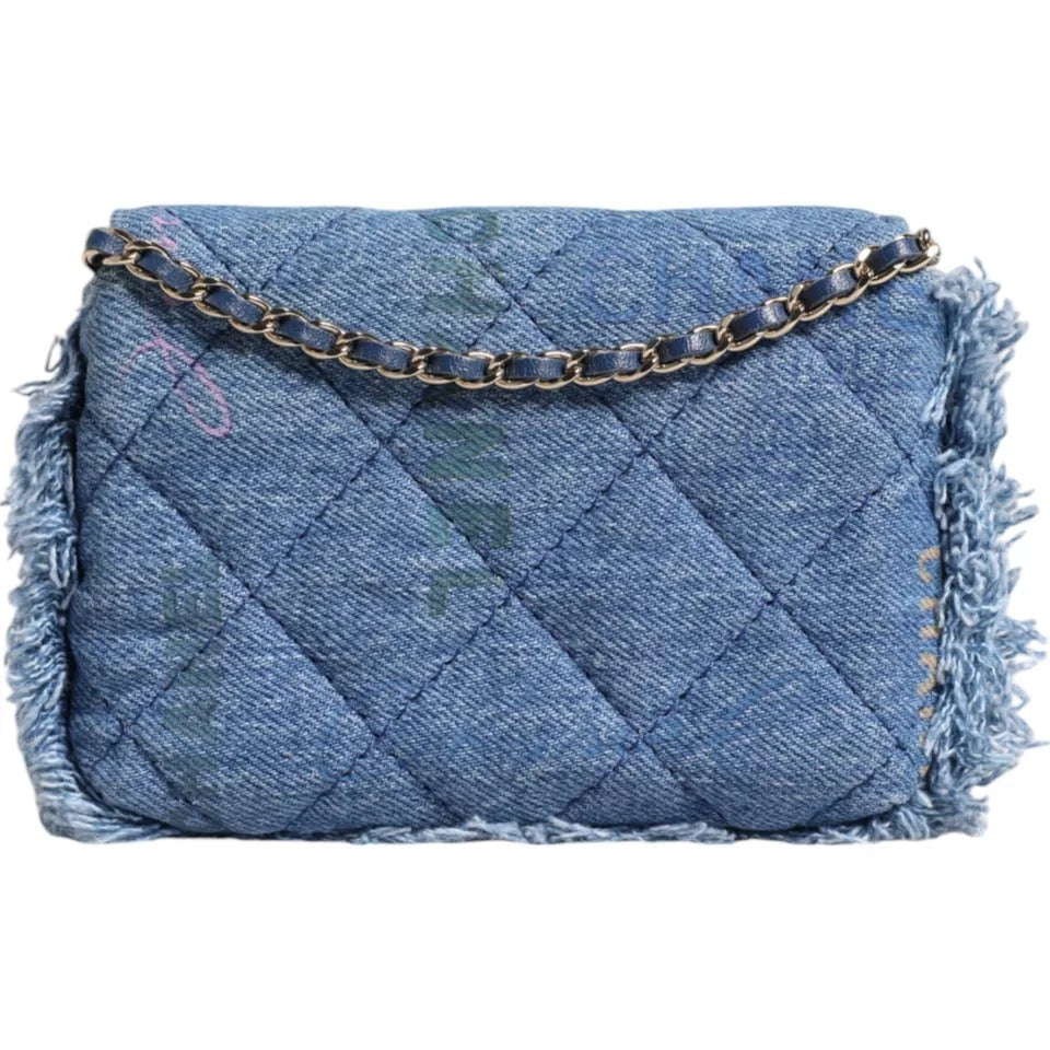 Denim Mood Flap Micro Logo Printed Fringed Shoulder Bag