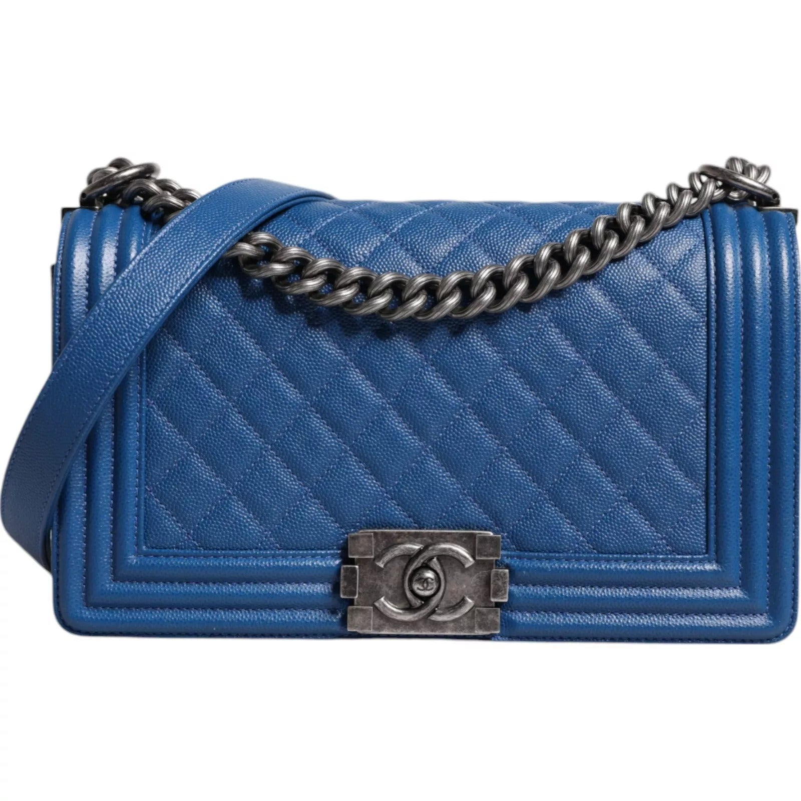 Bolso de hombro mediano de piel de cordero azul con doble cadena