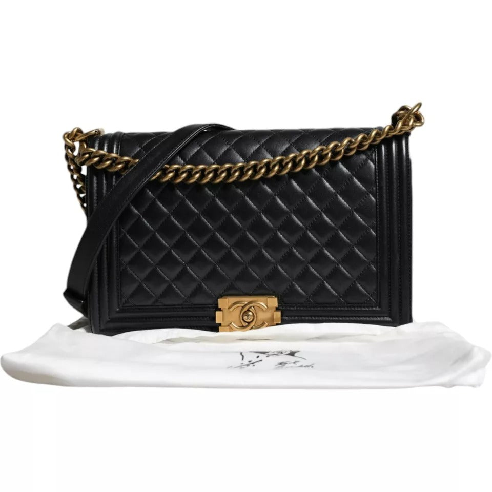 Black Large Lambskin Double Chain Gold Leather Shoulder Bag