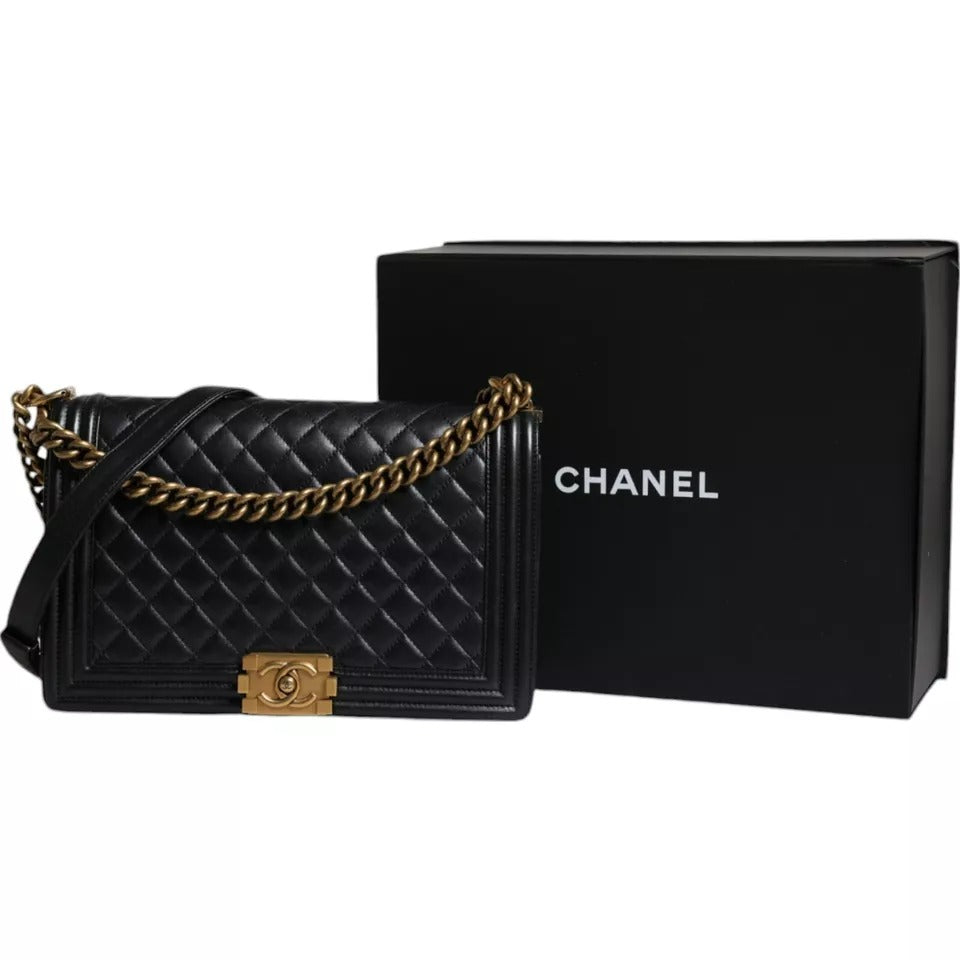 Black Large Lambskin Double Chain Gold Leather Shoulder Bag