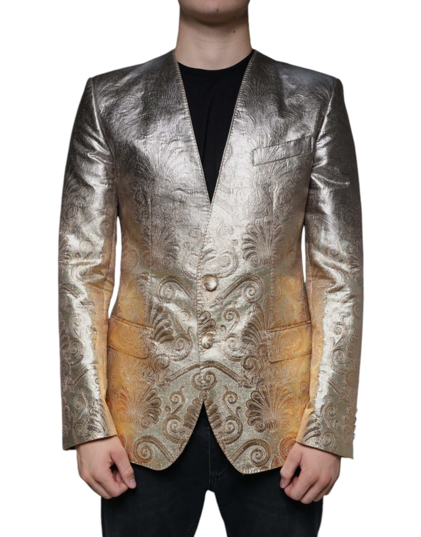 Blazer de vestir de un solo pecho en jacquard dorado