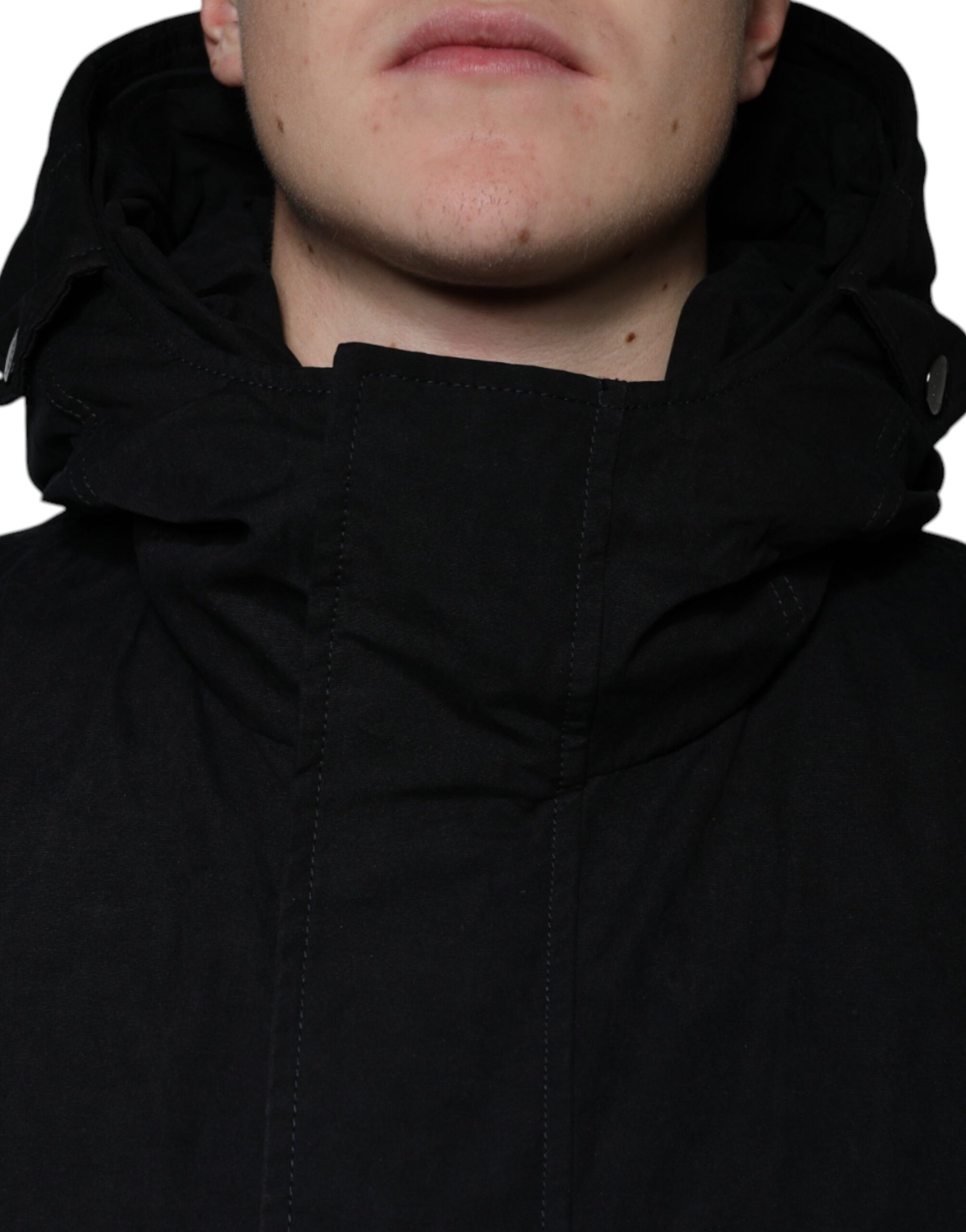 Black Hooded Parka Cotton Trench Coat Jacket