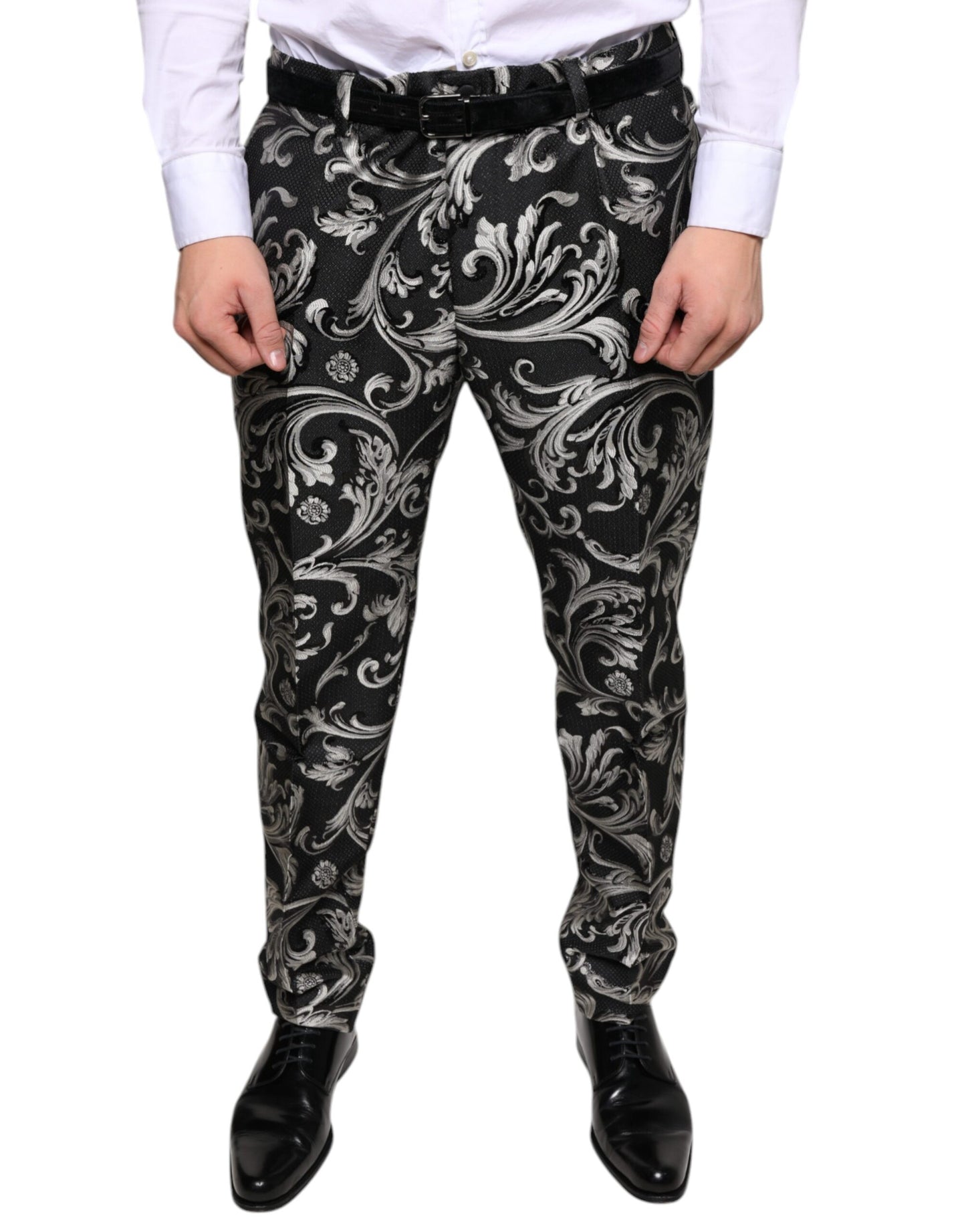 Pantalones de vestir ajustados de jacquard negro