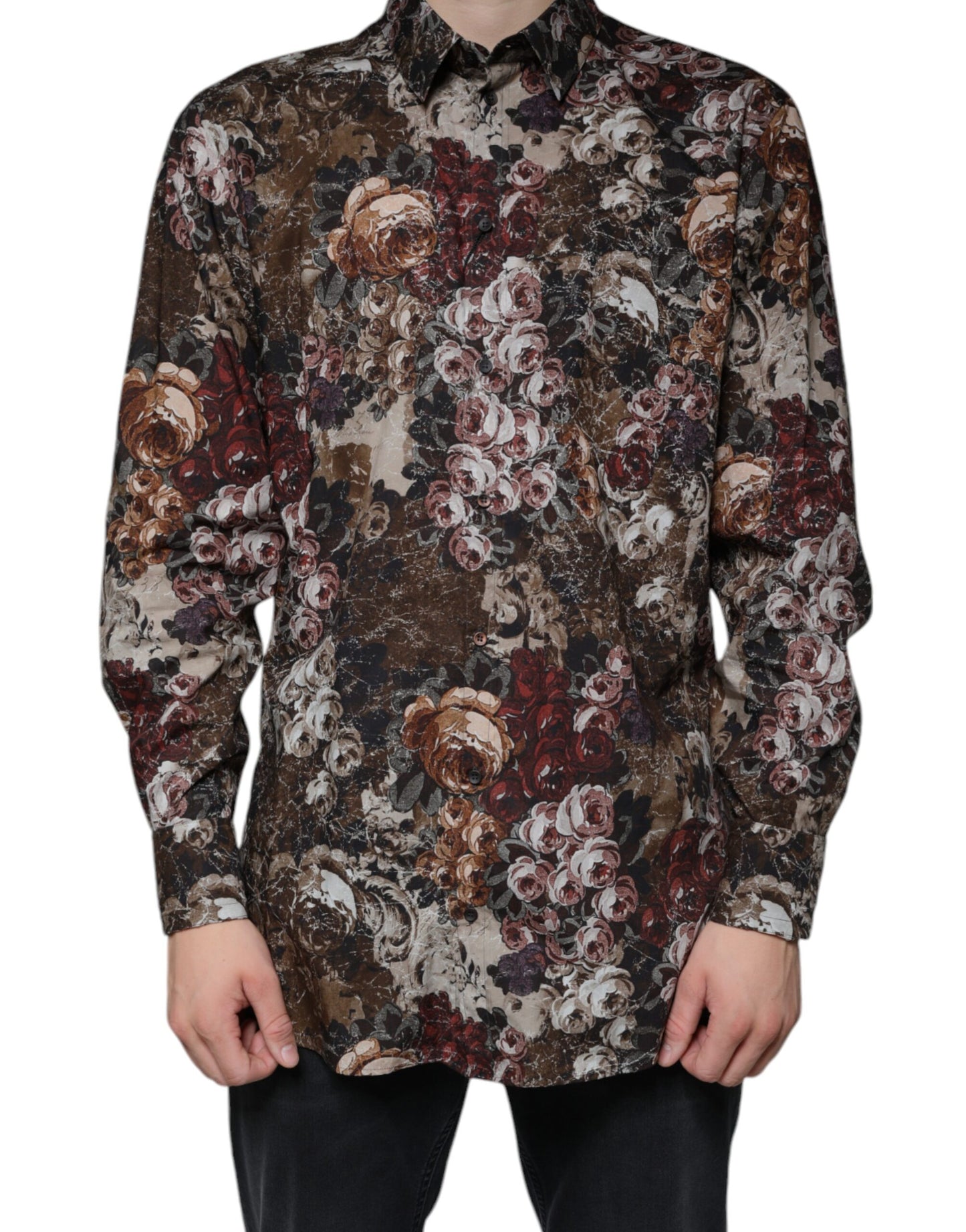 Camisa de vestir para hombre de algodón con estampado floral multicolor dorada