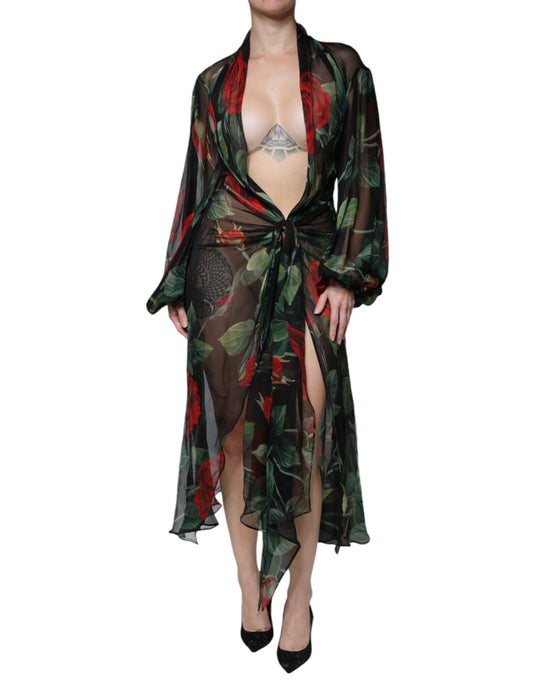 Black Floral Silk Wrap See Through Dress