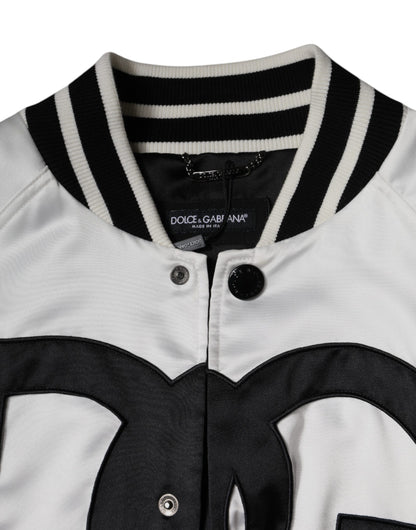 White Polyester Logo Full Zip Bomber Jacket