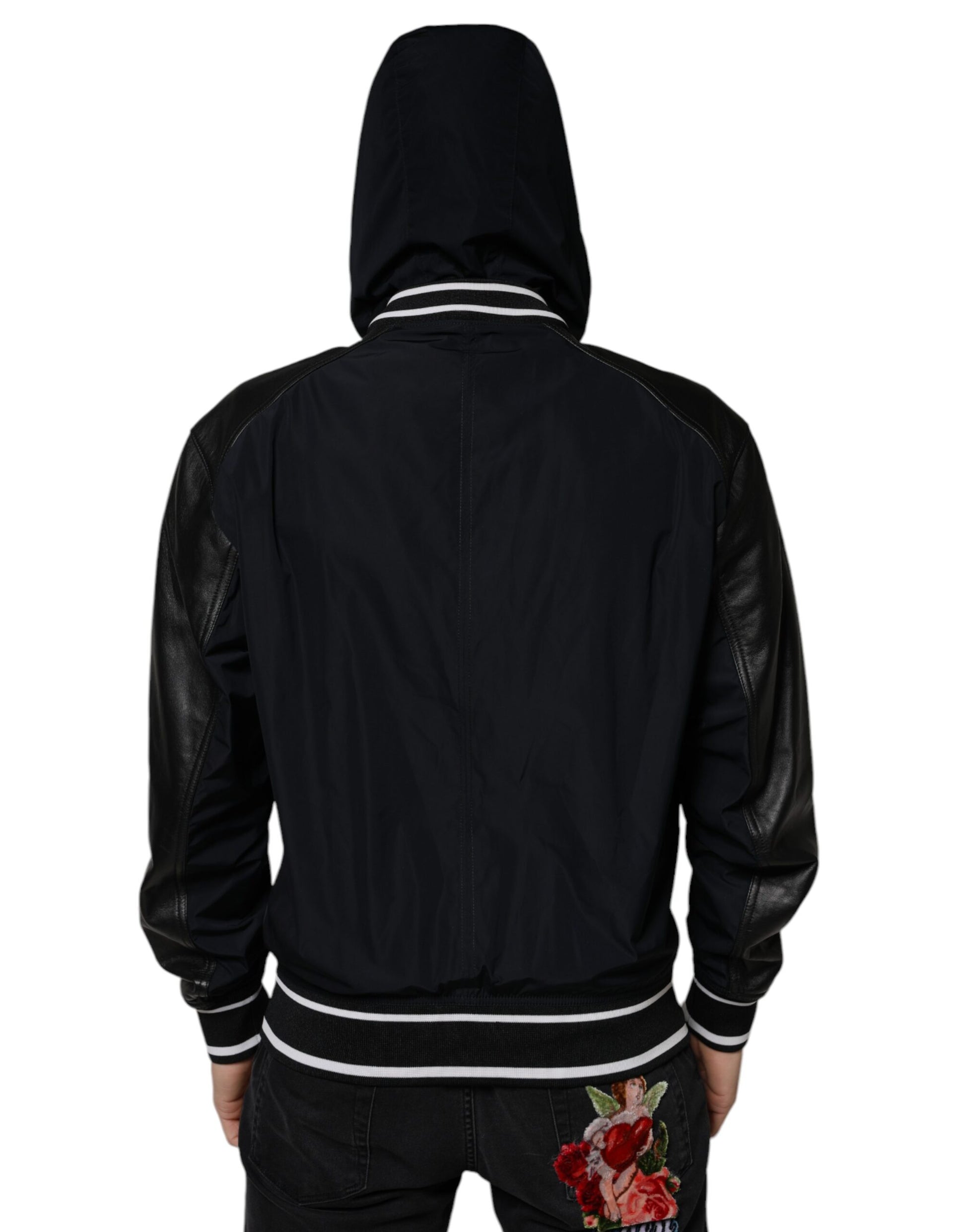 Black Hooded Full Zip Men Bomber Jacket