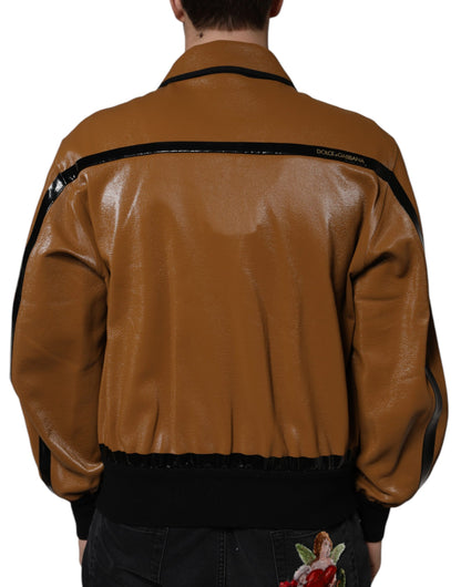 Brown Leather Full Zip Men Bomber Jacket