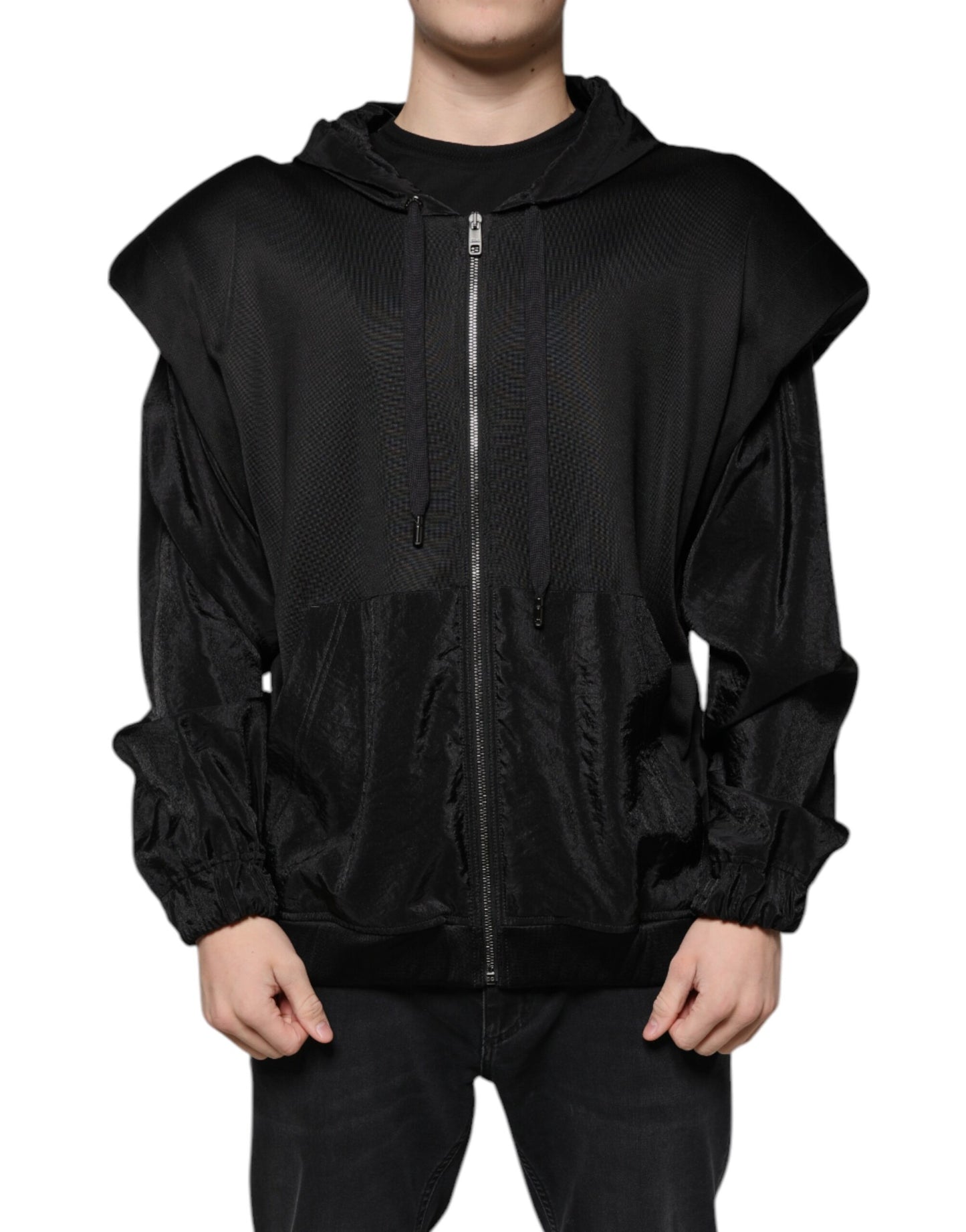 Chaqueta bomber con capucha y cremallera completa de viscosa negra