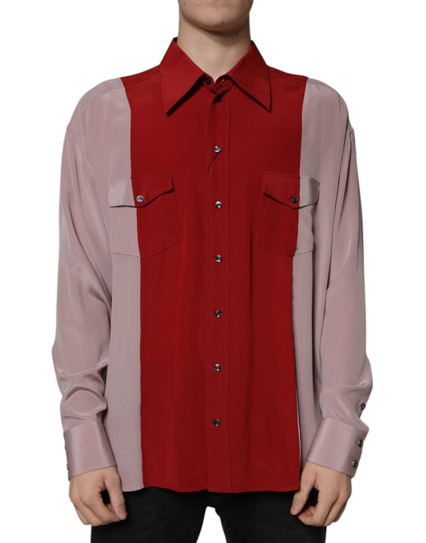 Camisa de seda con botones y cuello en rosa y rojo