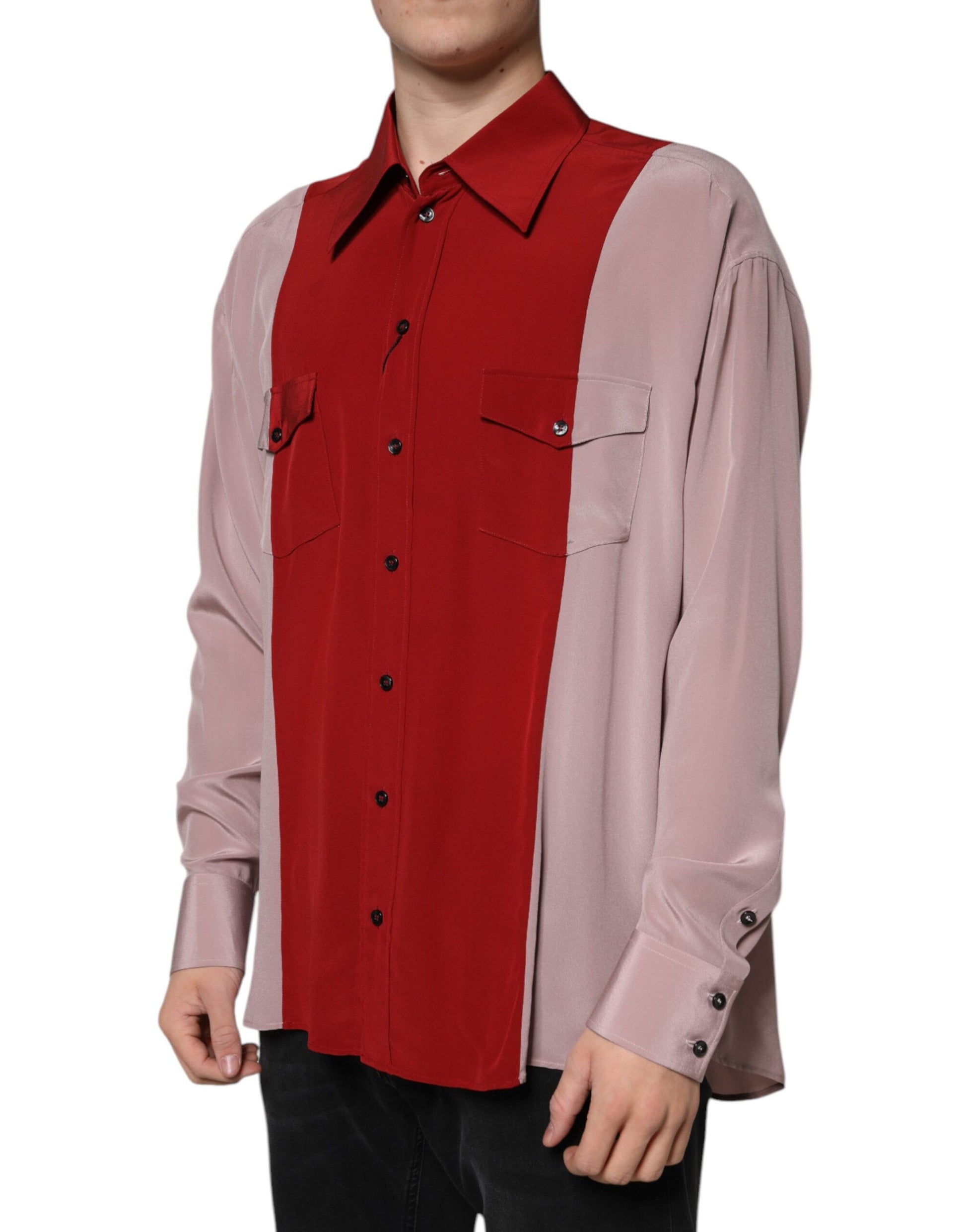 Camisa de seda con botones y cuello en rosa y rojo