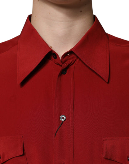 Camisa de seda con botones y cuello en rosa y rojo