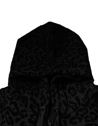 Black Leopard Cotton Hooded Full Zip Sweater