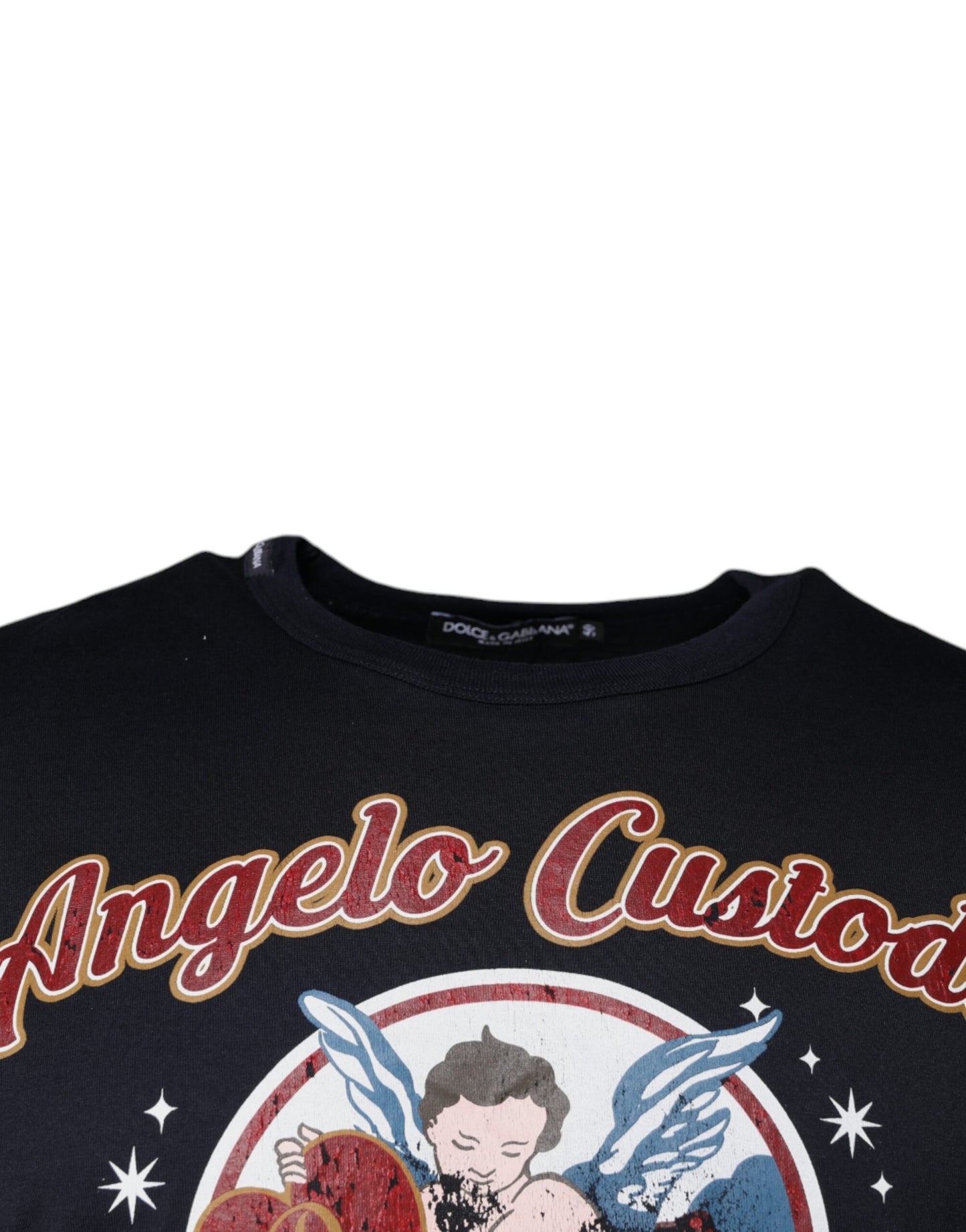 Camiseta negra de algodón con estampado gráfico y cuello redondo