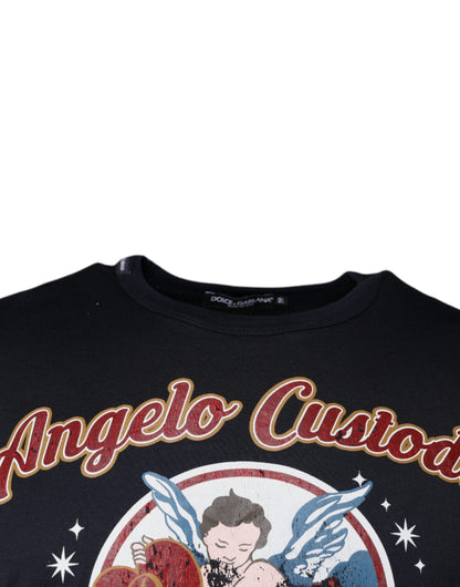 Camiseta negra de algodón con estampado gráfico y cuello redondo