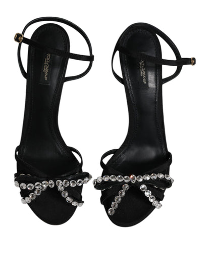 Black Leather Crystal Heels Sandals Shoes