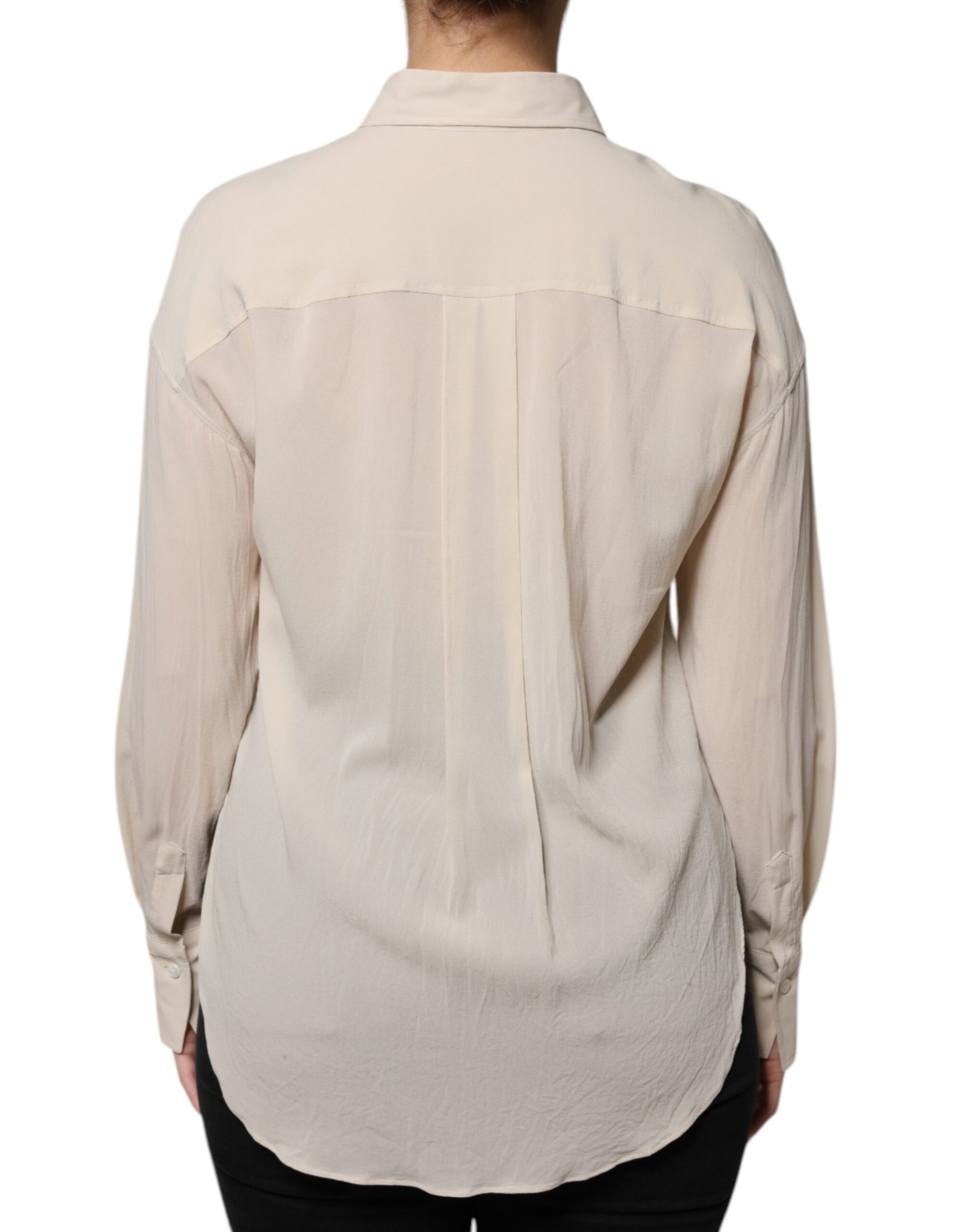 Beige Silk Blend Collared Button Down Top