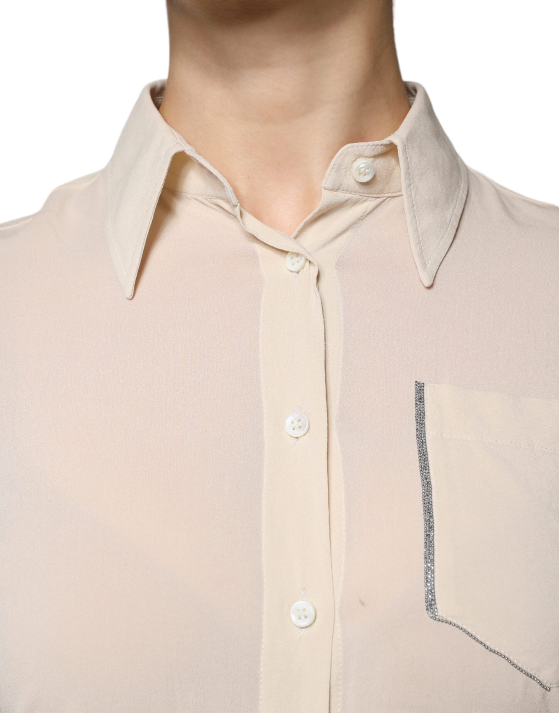 Beige Silk Blend Collared Button Down Top