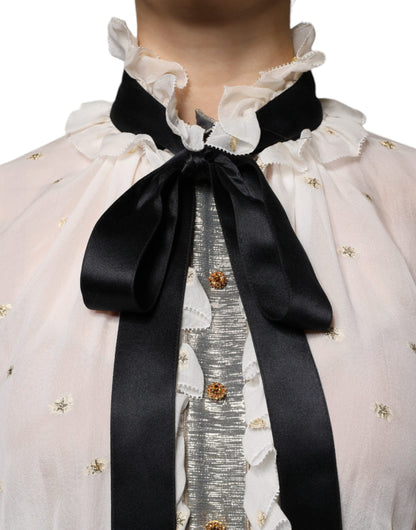 Off White Silk Blend Ascot Collar Blouse Top