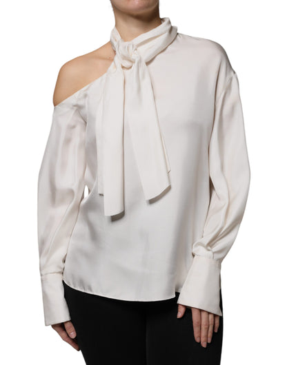 Beige Silk Ascot Collared Long Sleeves Top