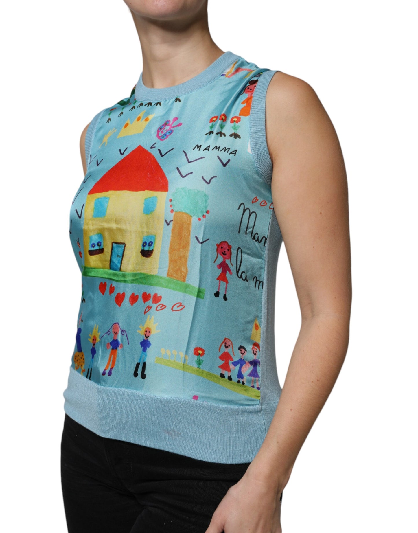 Blue Drawing Cashmere Sleeveless Tank Top