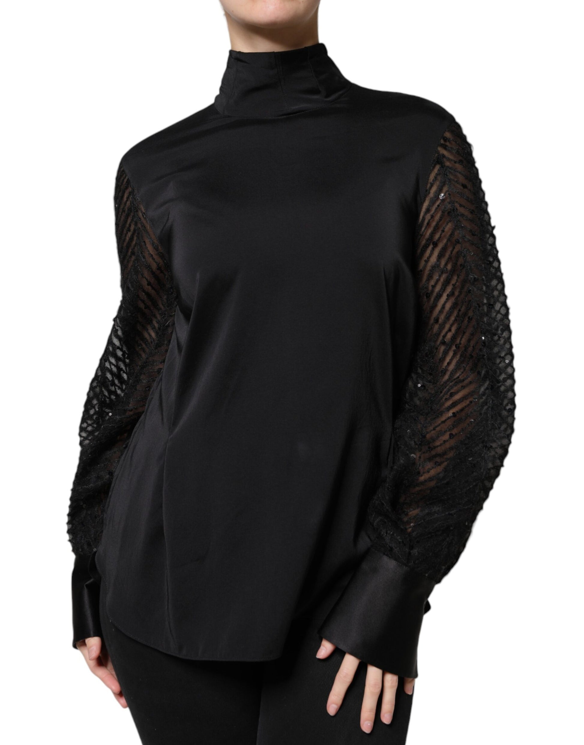 Black Silk Blend Long Sleeves Blouse Top