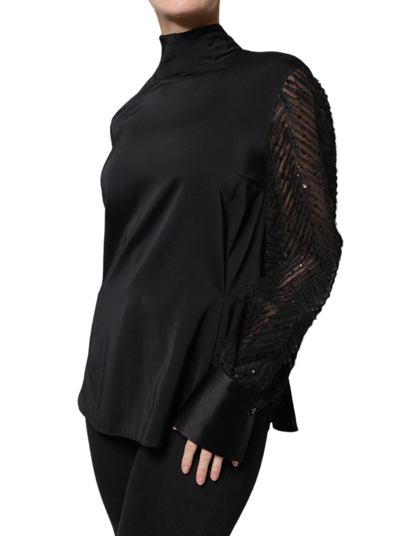 Black Silk Blend Long Sleeves Blouse Top