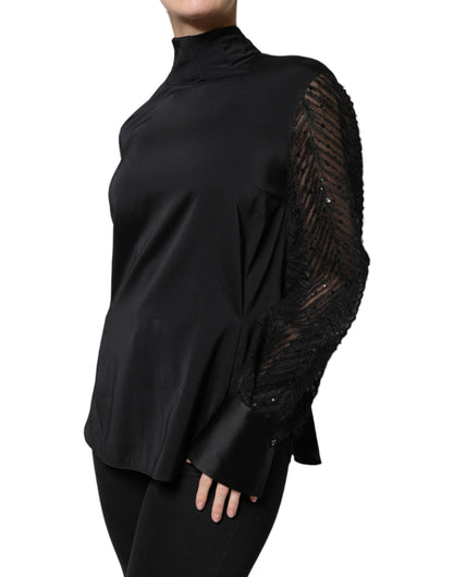 Black Silk Blend Long Sleeves Blouse Top