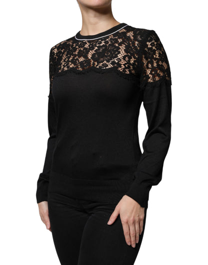 Black Floral Lace Silk Pullover Blouse Top