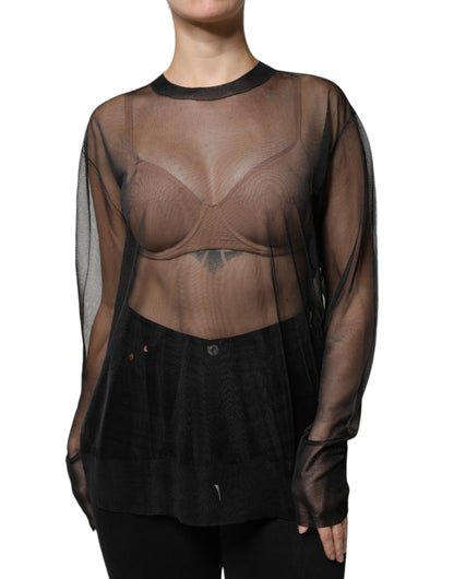 Black Sheer Long Sleeves Crewneck Blouse Top