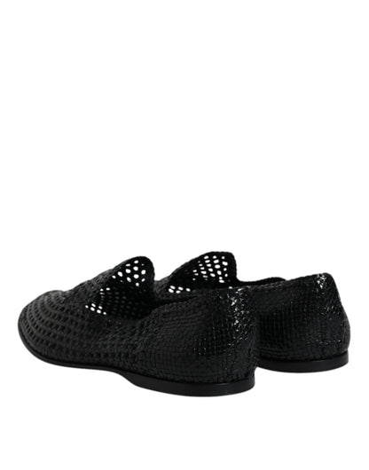 Black Woven Leather Slip On Loafers Shoes