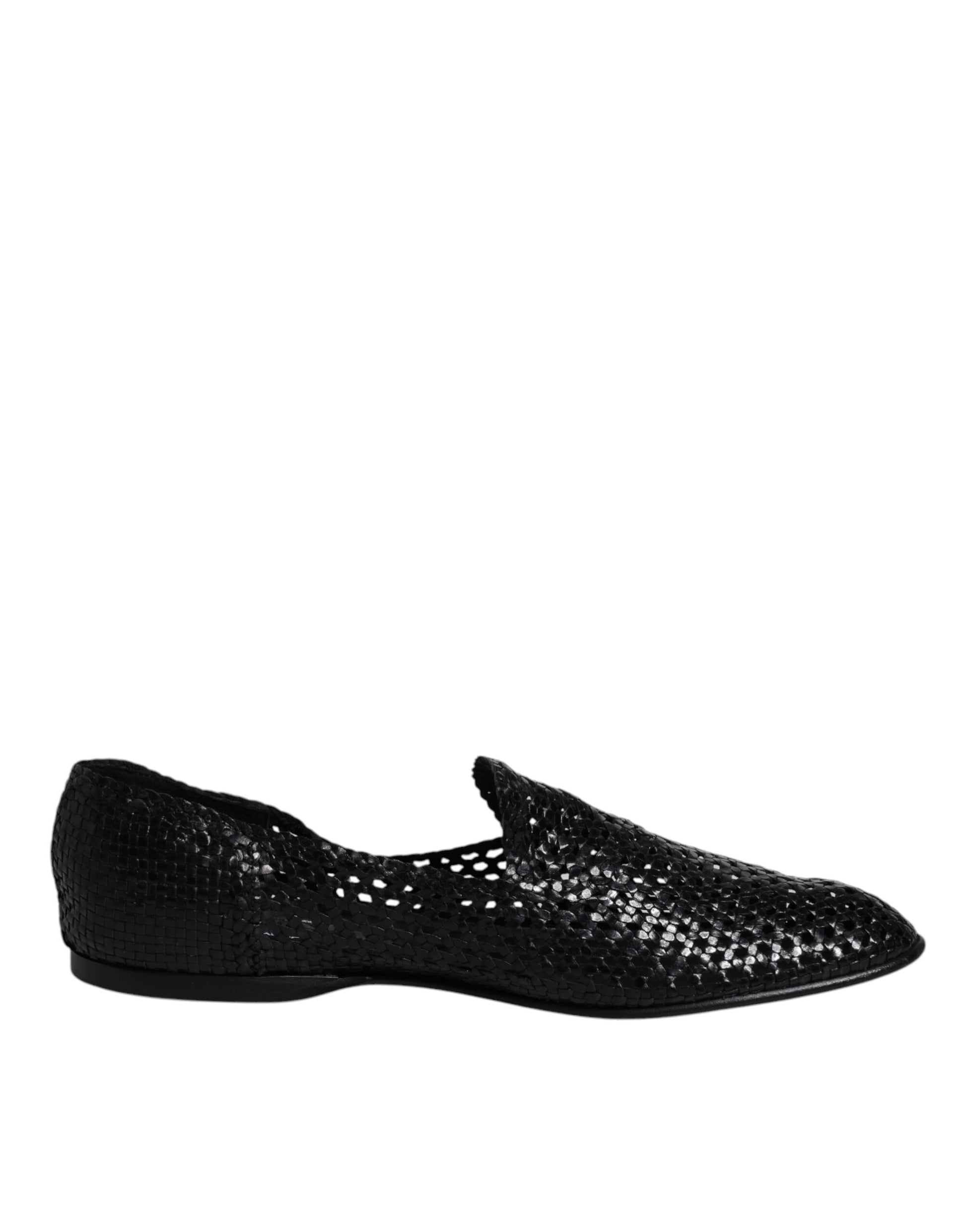 Black Woven Leather Slip On Loafers Shoes