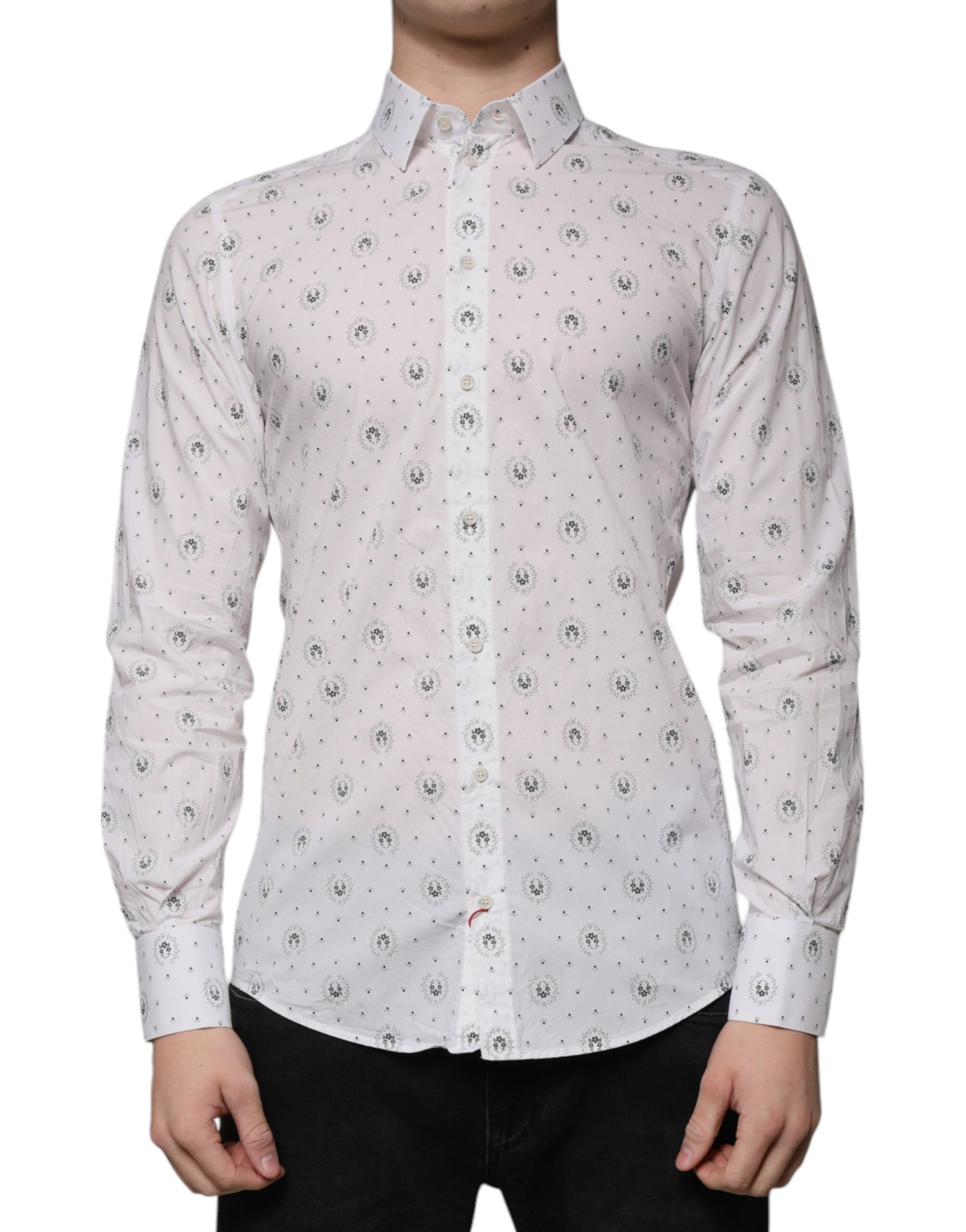 White Printed Cotton Slim Fit Men Dress Shirt