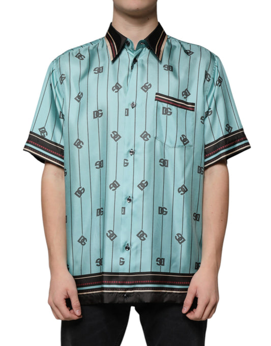 Green Striped Logo Short Sleeve Casual Shirt