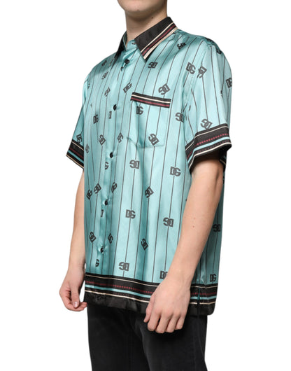 Green Striped Logo Short Sleeve Casual Shirt