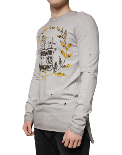 Gray Printed Cotton Crewneck Pullover Sweater