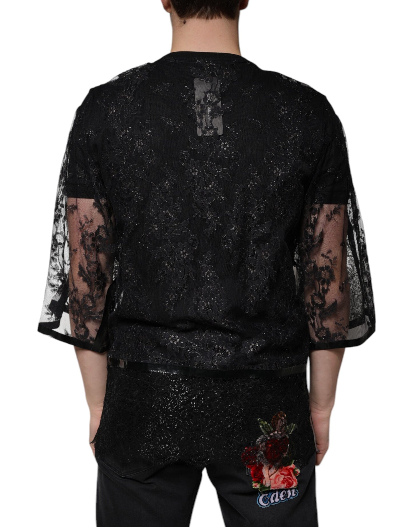 Black Nylon Floral Lace Crew Neck T-shirt