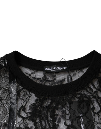 Black Nylon Floral Lace Crew Neck T-shirt